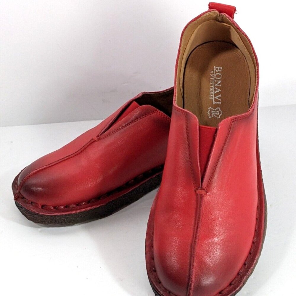 BoNaVi Leather Slip On Comfort Shoes Burnished Red Womens Size 40 (US 8.5)